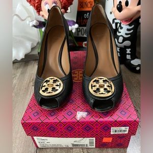 Tory Burch Black Leather Open Toe Wedge Heel - Selma, Like New with Box